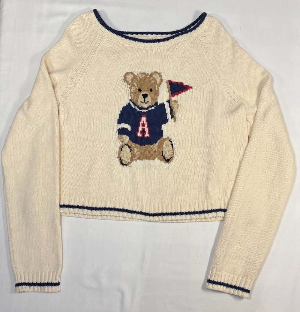 Arizona Jean Co Bear Sweater Size M Cream Knit Flag
